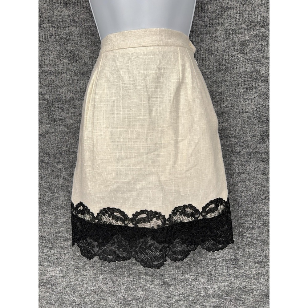 Vintage Yves Saint Laurent Skirt 0 34 White‎ Black Lace Hem Viscose Linen France